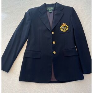 Lauren Ralph Lauren Petite Navy Blazer Crest Logo Gold Buttons Wool Blend 2P